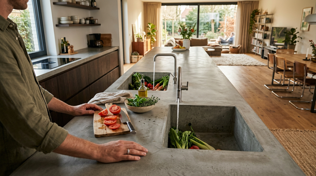 A bancada eterna: como o concreto esculpido na obra substitui o granito com mais estilo e menos custo.