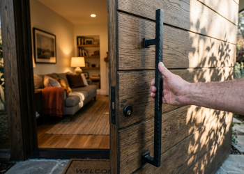 Projeto de casa com porta pivotante acima de 1,20m valoriza fachada e melhora circulação no dia a dia