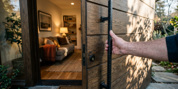 Projeto de casa com porta pivotante acima de 1,20m valoriza fachada e melhora circulação no dia a dia