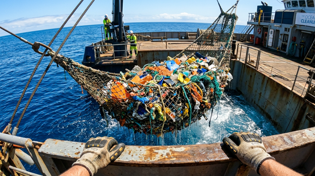 A colossal barreira flutuante de 800 metros que varre o Pacífico e reboca milhões de toneladas de plástico sem usar um único motor