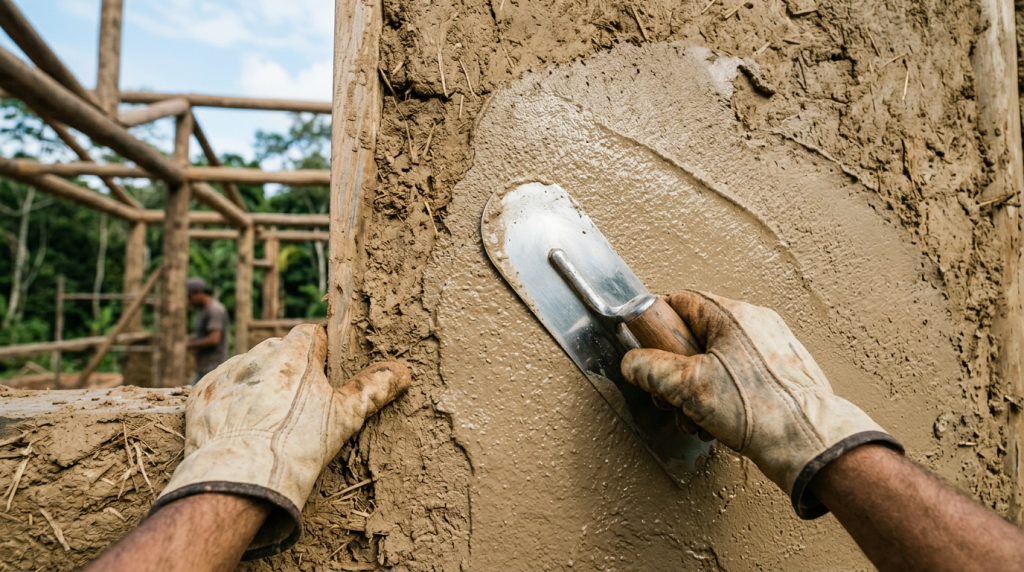 Casa de 55 metros quadrados que usa paredes de barro e palha para criar um microclima perfeito com custo de material quase zero