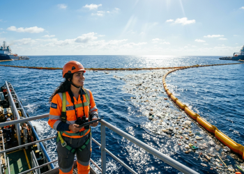 A colossal barreira flutuante de 800 metros que varre o Pacífico e reboca milhões de toneladas de plástico sem usar um único motor