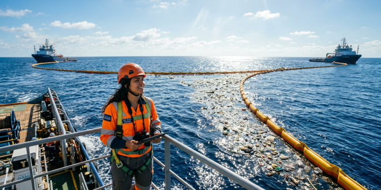 A colossal barreira flutuante de 800 metros que varre o Pacífico e reboca milhões de toneladas de plástico sem usar um único motor