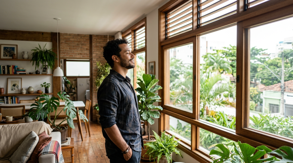 Janelas inteligentes em casas de 50 m² garantem que o ar quente escape pelo teto enquanto você dorme com segurança