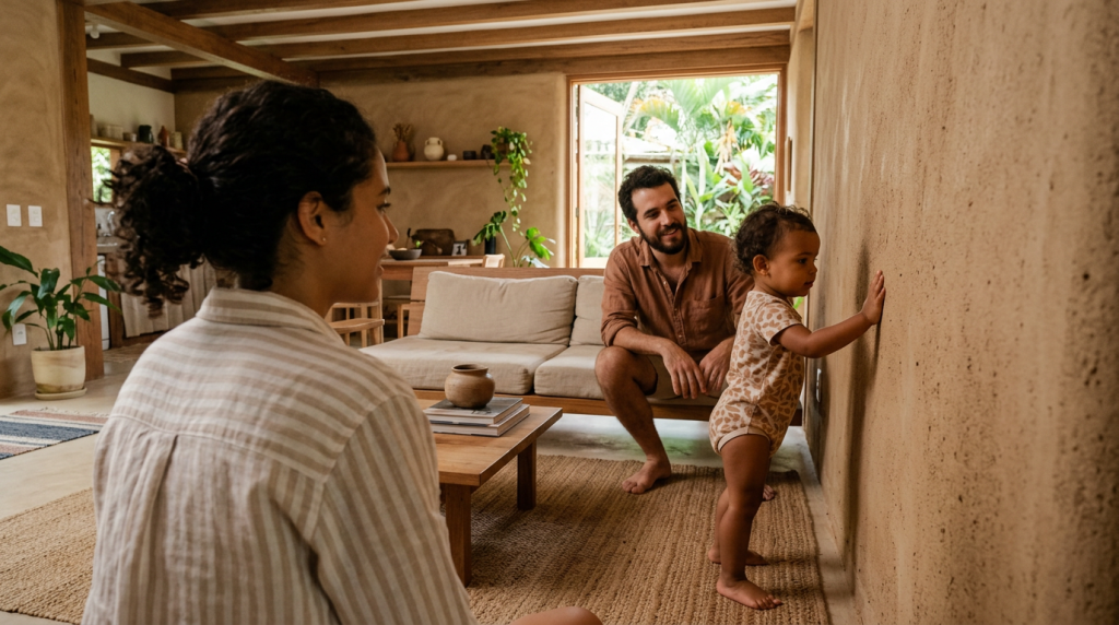 Casa de 55 metros quadrados que usa paredes de barro e palha para criar um microclima perfeito com custo de material quase zero