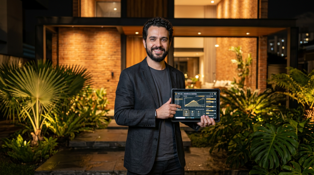 Projeto arquitetônico de casa com iluminação LED alto IRC para valorizar fachada à noite