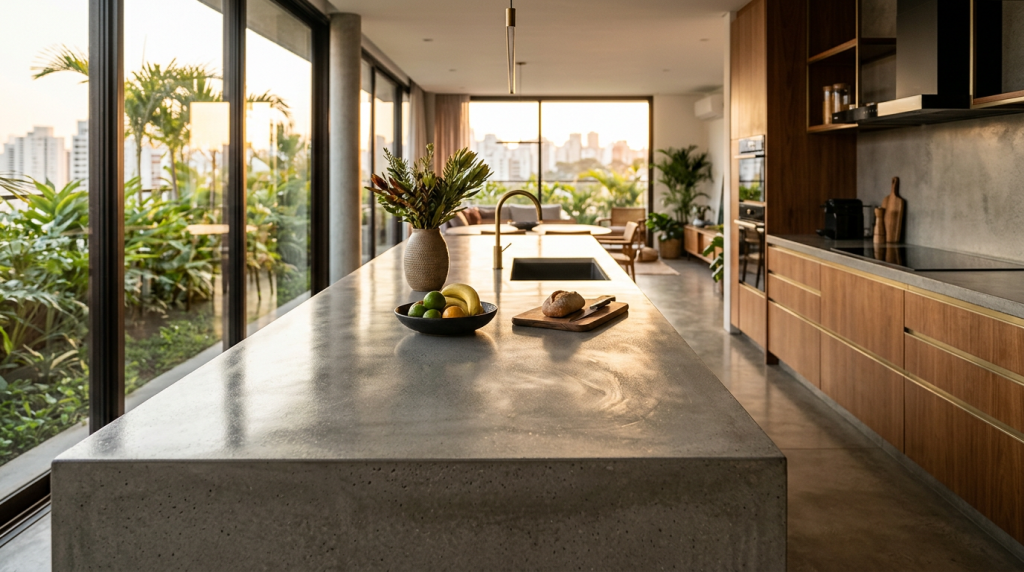 A bancada eterna: como o concreto esculpido na obra substitui o granito com mais estilo e menos custo.