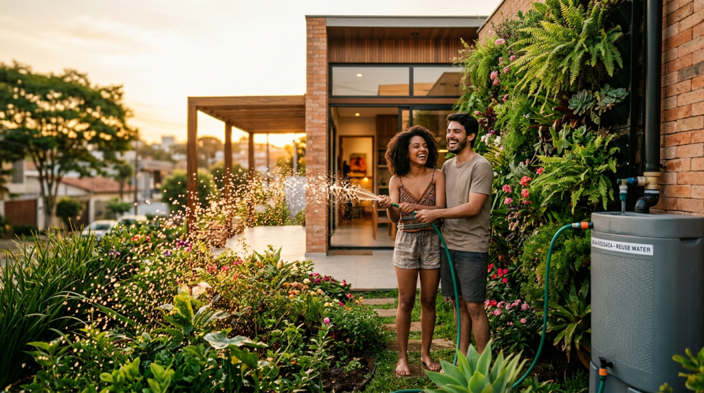 Casa de 52 metros quadrados com sistema de filtragem caseira corta o desperdício e reutiliza a água do banho no jardim