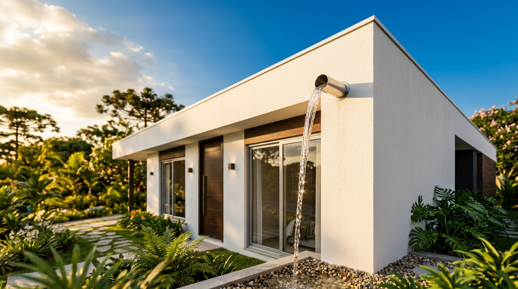 Projeto arquitetônico de casa com calha oculta na platibanda e solução eficiente para chuvas intensas