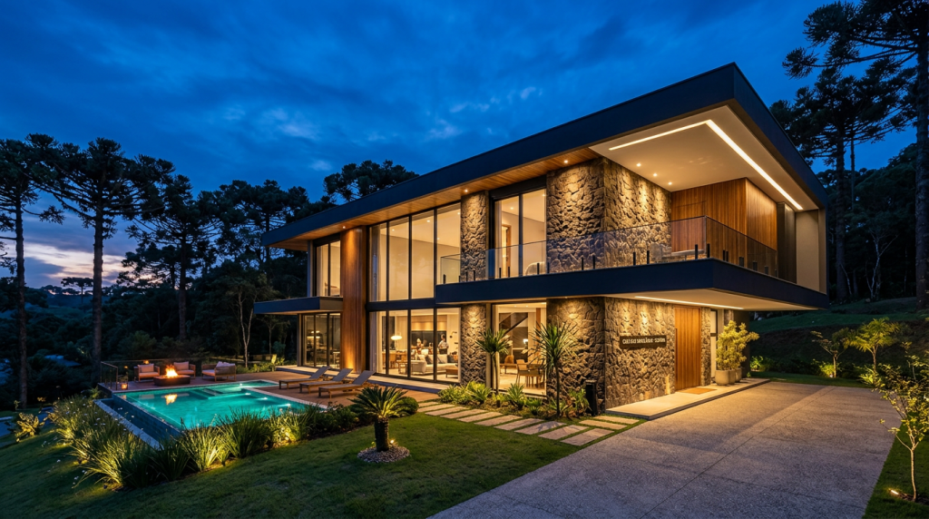 Projeto arquitetônico de casa com iluminação LED alto IRC para valorizar fachada à noite