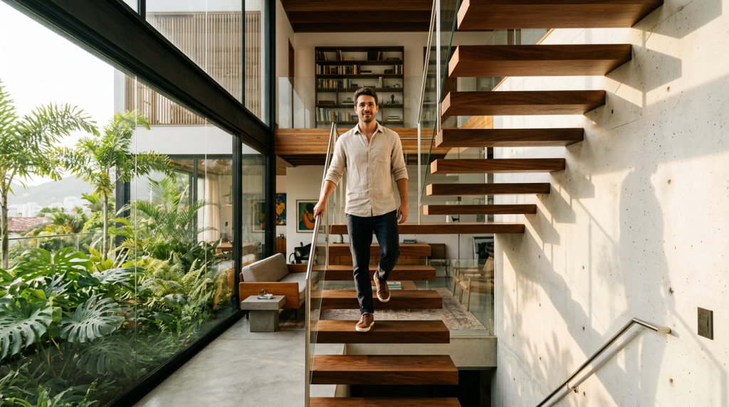 A casa mais sofisticada com escadas flutuantes para ampliar espaço e iluminação natural