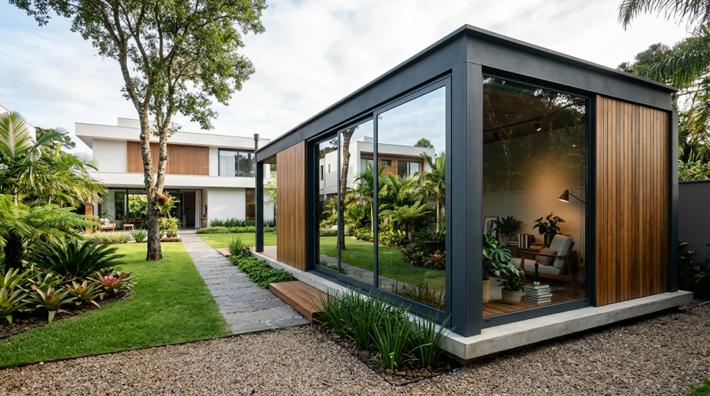 O refúgio silencioso modular que transforma seu quintal no estúdio de gravação perfeito