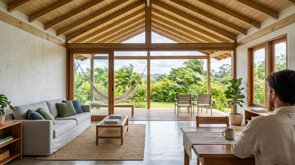 Entenda como a aerodinâmica dos telhados inclinados melhora a ventilação e reduz a necessidade de ar-condicionado em casas compactas