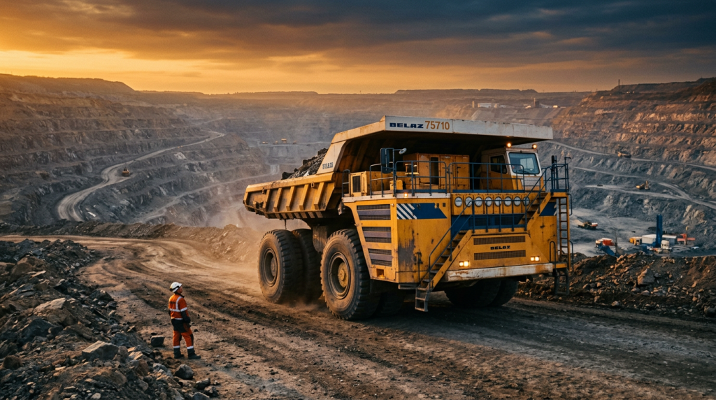 O camião basculante de oito pneus com a altura de um prédio de três andares projetado para carregar o peso de um avião comercial nas minas