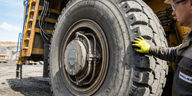 O camião basculante de oito pneus com a altura de um prédio de três andares projetado para carregar o peso de um avião comercial nas minas