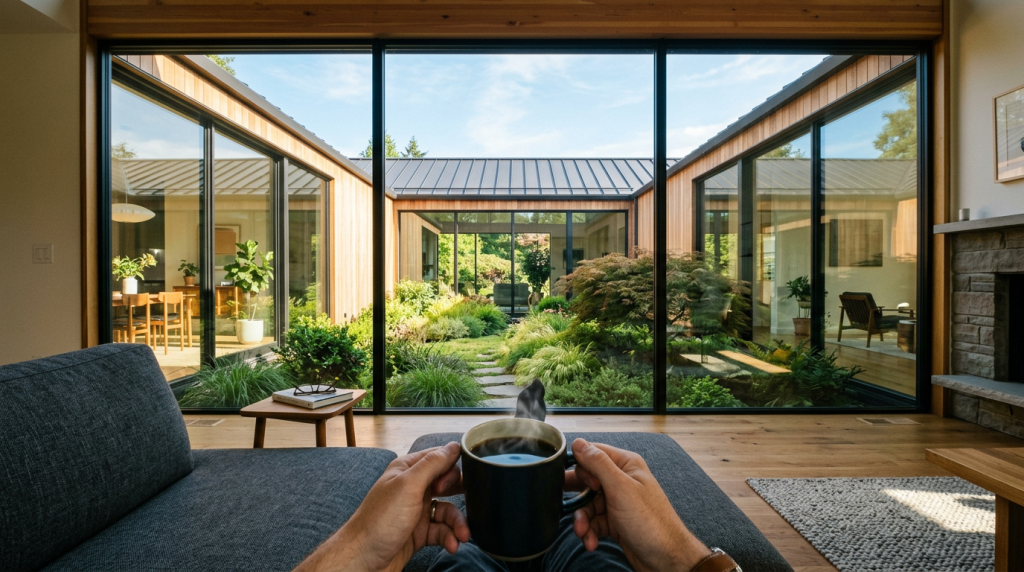 A luxuosa planta de casa em formato de letra U com 120 metros quadrados que abraça um jardim de inverno central para iluminar absolutamente todos os cômodos