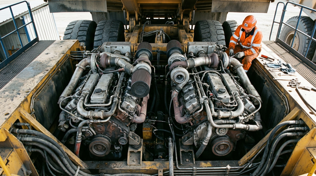 O camião basculante de oito pneus com a altura de um prédio de três andares projetado para carregar o peso de um avião comercial nas minas