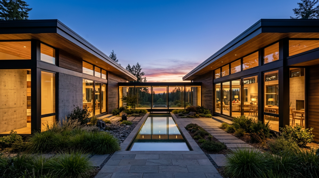 A luxuosa planta de casa em formato de letra U com 120 metros quadrados que abraça um jardim de inverno central para iluminar absolutamente todos os cômodos