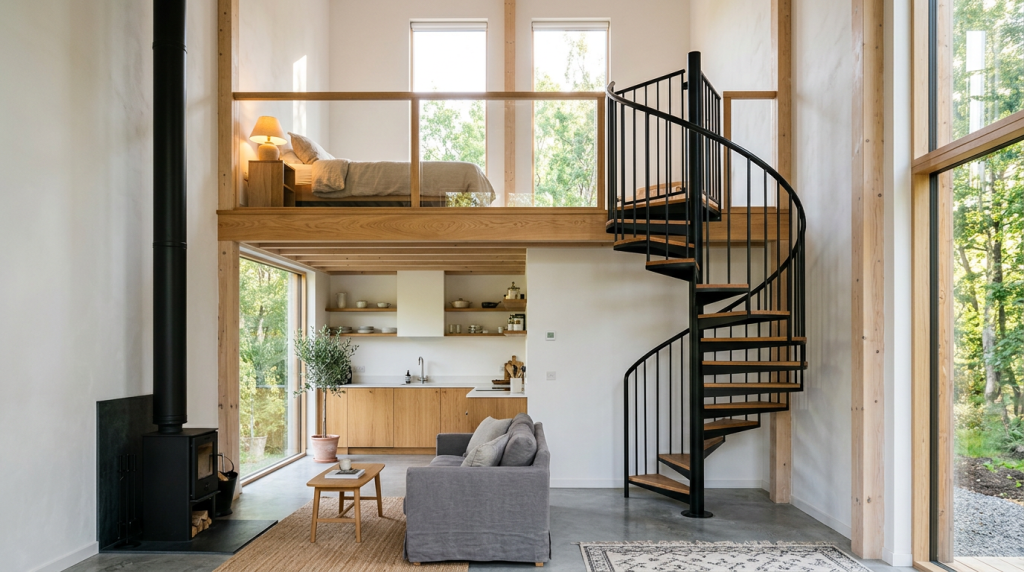 O surpreendente projeto de microcasa com apenas 35 metros quadrados que utiliza pé direito duplo e mezanino de madeira para abrigar uma família com muito conforto