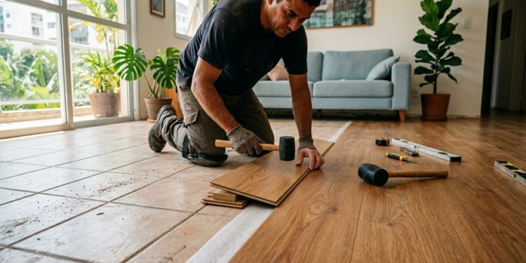Quanto um instalador cobra para colocar piso laminado sobre a cerâmica antiga em 3 quartos médios em 2026?