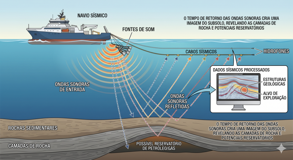 Navios disparam ondas sonoras que batem nas rochas e voltam; o tempo de retorno cria um "ultrassom" do subsolo para achar o petróleo.