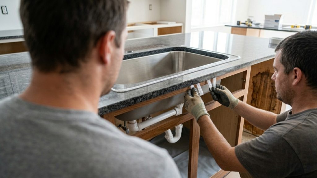 Quanto um marmorista cobra para instalar uma bancada de granito com cuba embutida em uma cozinha pequena em 2026?