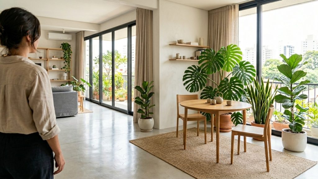Fim da mesa de jantar como peça central da sala