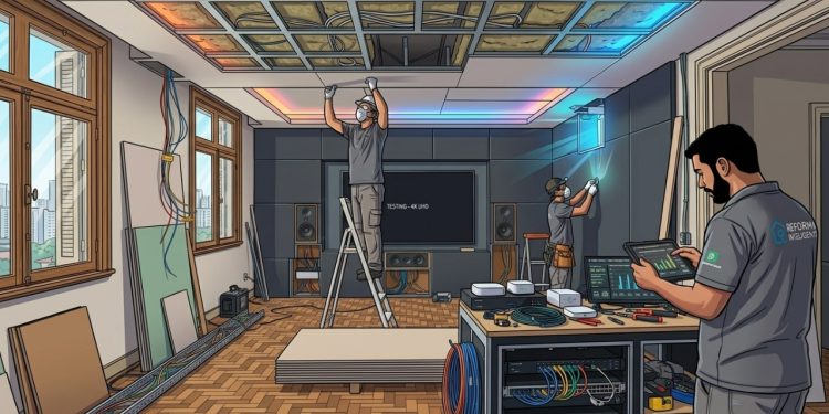 Quanto um técnico em domótica, um eletricista e um gesseiro cobram para transformar a sala de um apartamento antigo em um cinema inteligente controlado por voz no início de 2026?