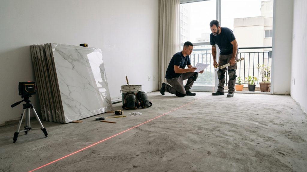Quanto um azulejista cobra para assentar porcelanato de grande formato em uma sala de 35 m² em 2026?