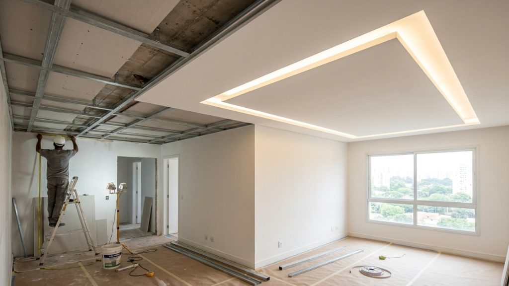 Quanto um gesseiro cobra para fazer sancas de drywall com iluminação embutida em uma sala de 25 m² em 2026?