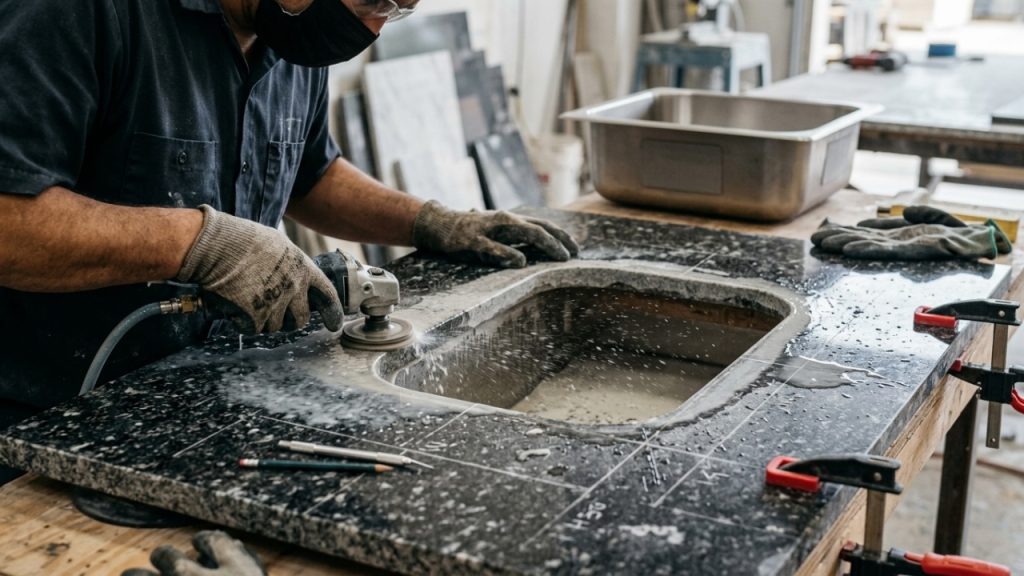 Quanto um marmorista cobra para instalar uma bancada de granito com cuba embutida em uma cozinha pequena em 2026?