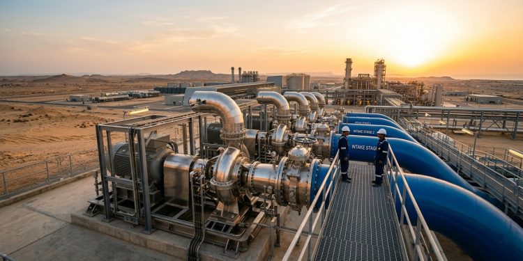 O gigantesco sistema industrial utilizado pela Arábia Saudita Israel e Emirados Árabes que consome quantidades colossais de eletricidade para empurrar a água do mar através de tubos de grafeno e torná-la potável