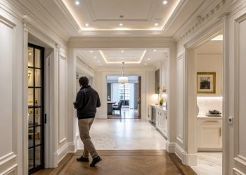 Não é sanca rebaixada, nem lustre pendente: o perfil de LED invisível que rasga o teto do apartamento e cria um cenário de novela
