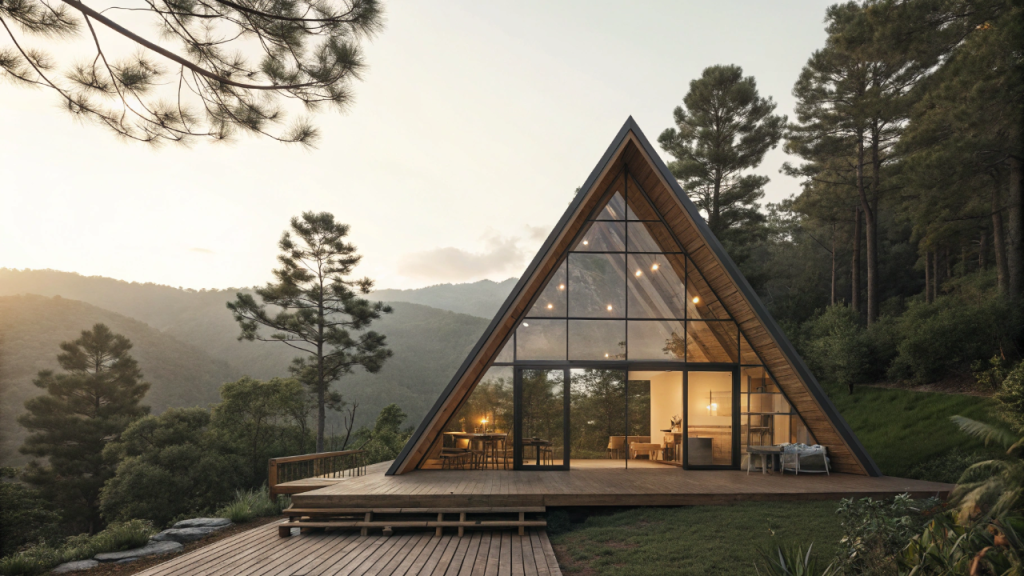 Este chalé de 50 metros quadrados parece um resort, tem teto de vidro e ofurô no deck para curtir o inverno com beleza de cinema