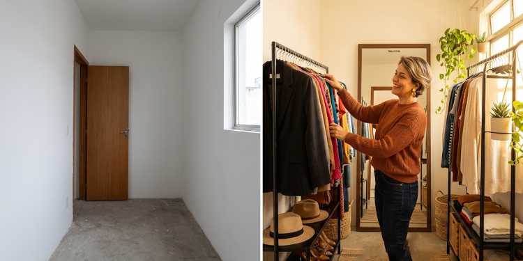 Monte um closet aberto com araras e veja quanto custa organizar seu quarto gastando pouco e sem móveis planejados