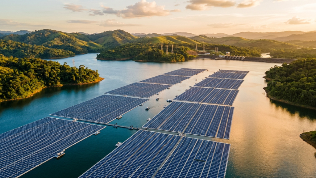 Os gigantescos tapetes solares que cobrem as barragens elétricas para multiplicar a geração de energia e impedir que a água evapore na seca
