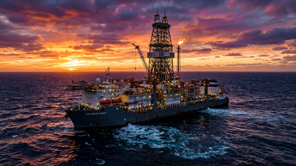 O navio petroleiro que contraria a fúria das tempestades e fica perfeitamente imóvel sobre ondas de 10 metros para perfurar o fundo do oceano