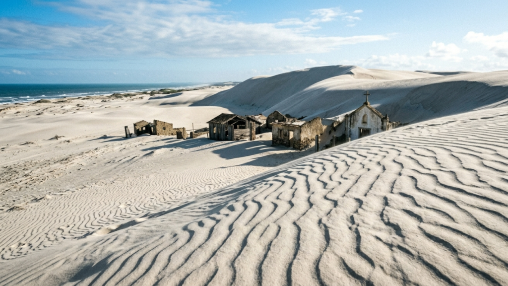 A famosa vila no sudeste do país que foi completamente engolida por dunas de areia de 30 metros e precisou ser reconstruída do zero