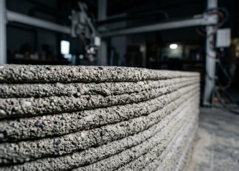 Braços robóticos industriais que depositam cordões contínuos de argamassa de alta viscosidade, erguendo a estrutura de uma casa em menos de 48 horas com precisão milimétrica e resistência mecânica superior à do bloco de concreto comum