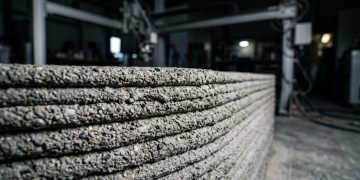 Braços robóticos industriais que depositam cordões contínuos de argamassa de alta viscosidade, erguendo a estrutura de uma casa em menos de 48 horas com precisão milimétrica e resistência mecânica superior à do bloco de concreto comum