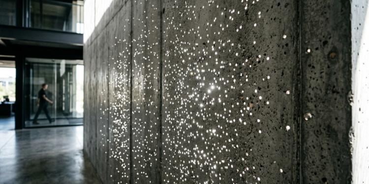 Painéis cimentícios de alta densidade que quebram a opacidade tradicional da construção, transformando paredes estruturais espessas em membranas de transmissão de silhuetas e luz natural