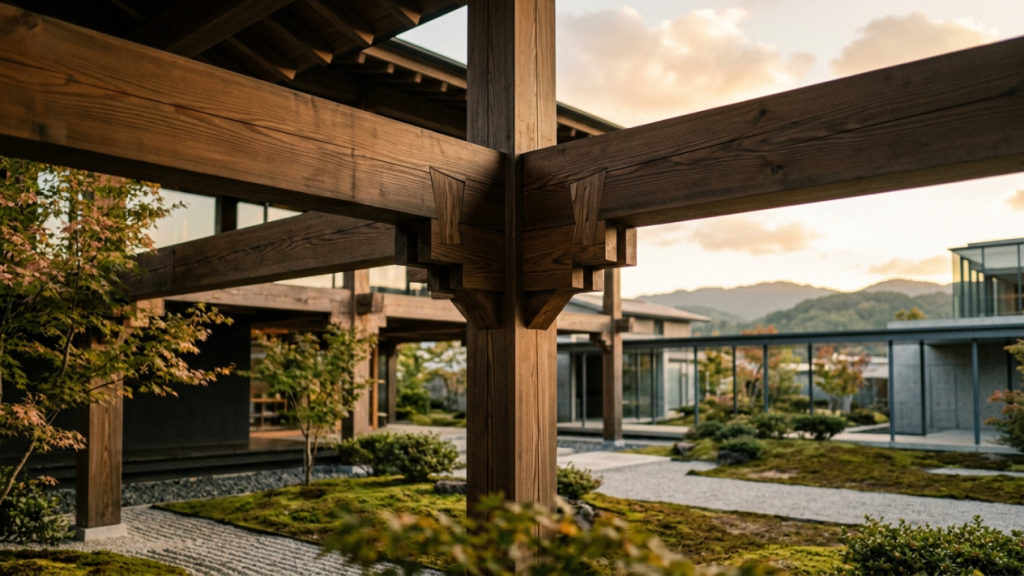 Eles utilizam a milenar carpintaria japonesa para montar edifícios de madeira com vigas que absorvem a umidade do ar e travam a estrutura da casa de forma inquebrável