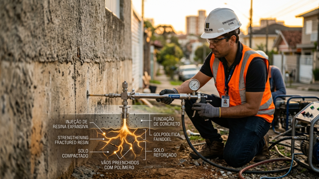 Polímeros estruturais hidrófugos que se expandem em segundos por reação exotérmica, exercendo forças de elevação de até 50 toneladas por metro quadrado para corrigir recalques diferenciais sem necessidade de escavação