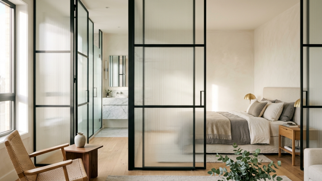 A divisória de vidro canelado que separa o quarto da suite sem bloquear a luz e mantém o design industrial chique