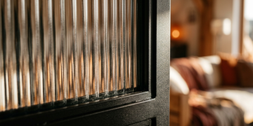 A divisória de vidro canelado que separa o quarto da suite sem bloquear a luz e mantém o design industrial chique