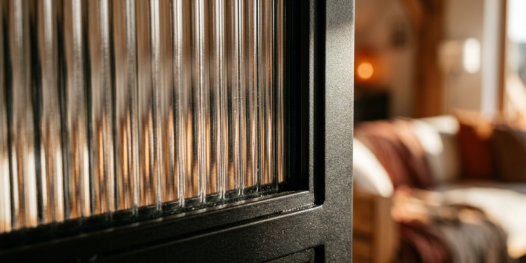 A divisória de vidro canelado que separa o quarto da suite sem bloquear a luz e mantém o design industrial chique