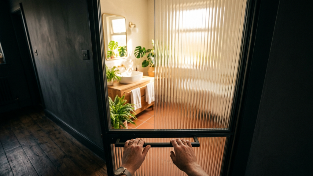 A divisória de vidro canelado que separa o quarto da suite sem bloquear a luz e mantém o design industrial chique