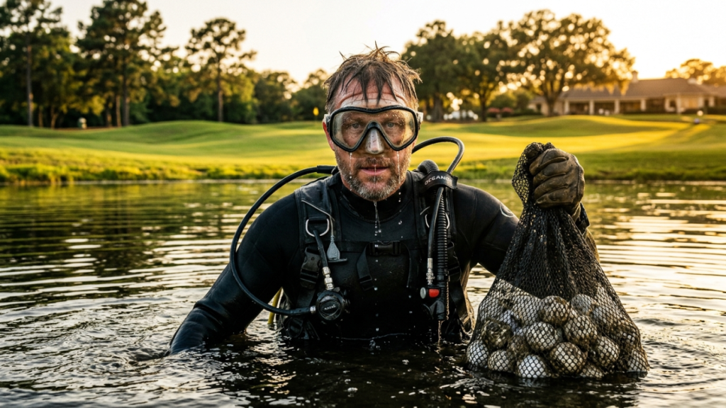 Mergulhador de bolas de golfe e os desafios reais de trabalhar em lagos com baixa visibilidade
