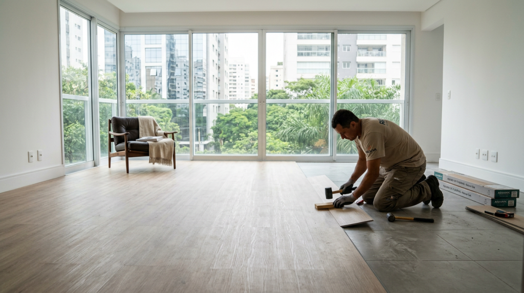 Nem porcelanato frio, nem laminado que estufa: o piso tecnológico de encaixe que transforma a sala em 24 horas e pode ser lavado com água