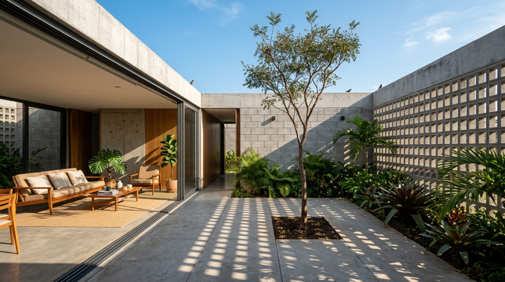 Este refúgio pré-moldado de 80 metros quadrados parece uma vila luxuosa, tem piscina aquecida e pátio central para fugir da cidade com privacidade e uma beleza estonteante